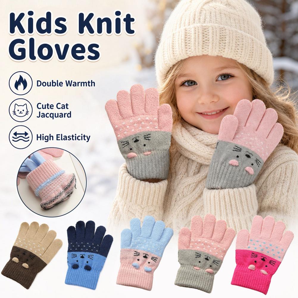 Wool Glove Lined - Kinder-Strickhandschuhe, Winterhandschuhe mit Fleece-Futter, Katzenmuster, thermische